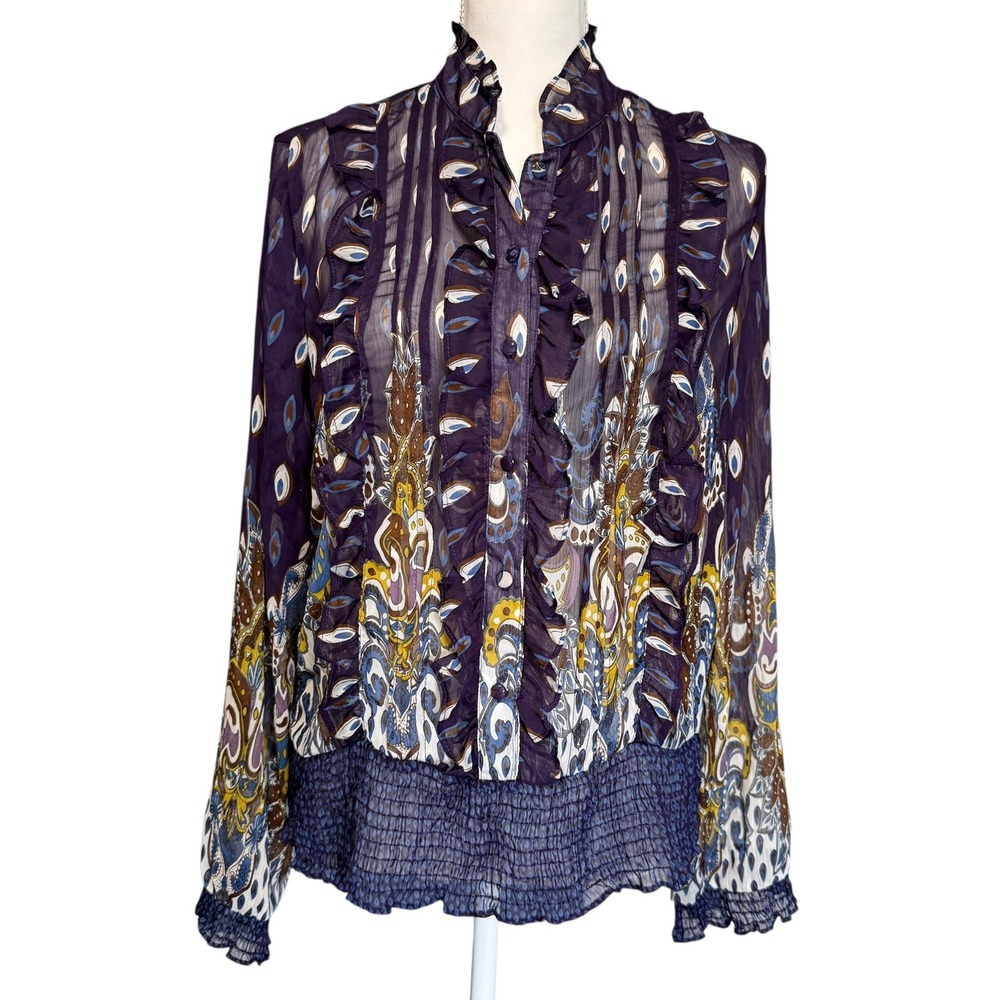 Romeo & Juliet Couture Purple Paisley Ruffle Smocked Hem Blouse Womens Medium